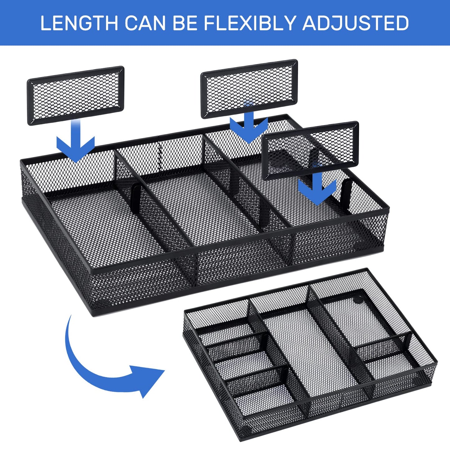 Neudeco Desk Drawer Organizer, 4 Pack Metal Mesh Drawer Organizer Set with Adjustable Dividers, Stackable Pen Organizer for Desk Drawer, Office Supplies Organizer, Black