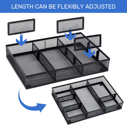 Neudeco Desk Drawer Organizer, 4 Pack Metal Mesh Drawer Organizer Set with Adjustable Dividers, Stackable Pen Organizer for Desk Drawer, Office Supplies Organizer, Black