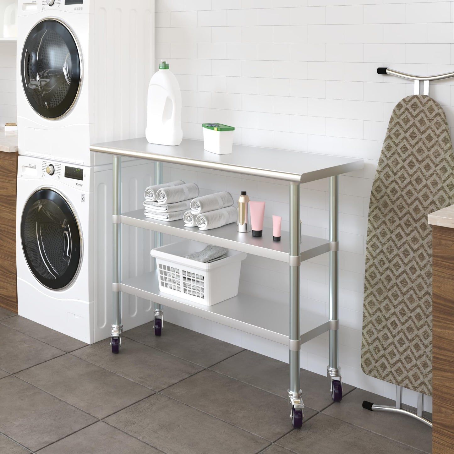 AmGood Stainless Steel Work Table with 2 Shelves and Casters | Metal Utility Table On Wheels (Stainless Steel Work Table with 2 Shelves + Casters, 48" Long x 18" Deep)
