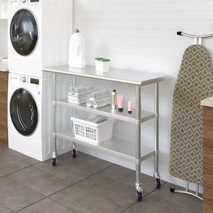 AmGood Stainless Steel Work Table with 2 Shelves with Casters | Metal Utility Table | Commercial & Residential NSF Utility Table (Stainless Steel Table with 2 Shelves, 48'' Long x 18'' Deep)