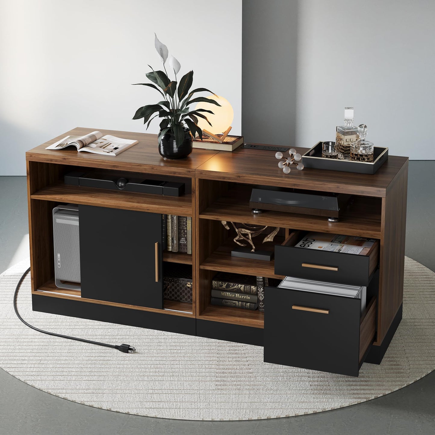 ModernMate Lateral File Cabinet with Lock,Home Office Furniture Storage Cabinet w/2 Drawers for A4 / Letter Documents, Wide Credenza w/Built-in Power Outlet, Fashion TV Stand Organizer Black Walnut