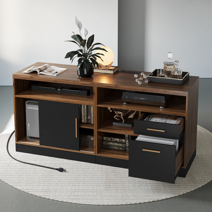 ModernMate Lateral File Cabinet with Lock,Home Office Furniture Storage Cabinet w/2 Drawers for A4 / Letter Documents, Wide Credenza w/Built-in Power Outlet, Fashion TV Stand Organizer Black Walnut