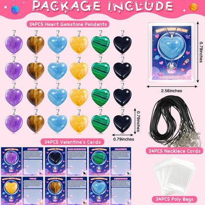 Valentines Day Cards for Kids School with Heart Gemstone Necklaces, Valentines Exchange Gifts Bulk with 24-Pack Unique Gemstone Heart Crystals, Classroom Valentine Party Favors with Goody Bag