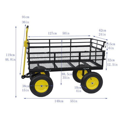 Heavy-Duty Iron Garden Cart Wagon with 1100 lbs Capacity, 15 inch Pneumatic Tires for Firewood, Debris & Outdoor Tasks - 55" L x 24" W x 46.8" H,Yellow & Black