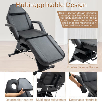 Massage Salon Tattoo Chair with Two Trays Esthetician Bed with Hydraulic Stool,Multi Purpose 3 Section Facial Bed Table, Adjustable Beauty Barber Spa Beauty Equipment, Black