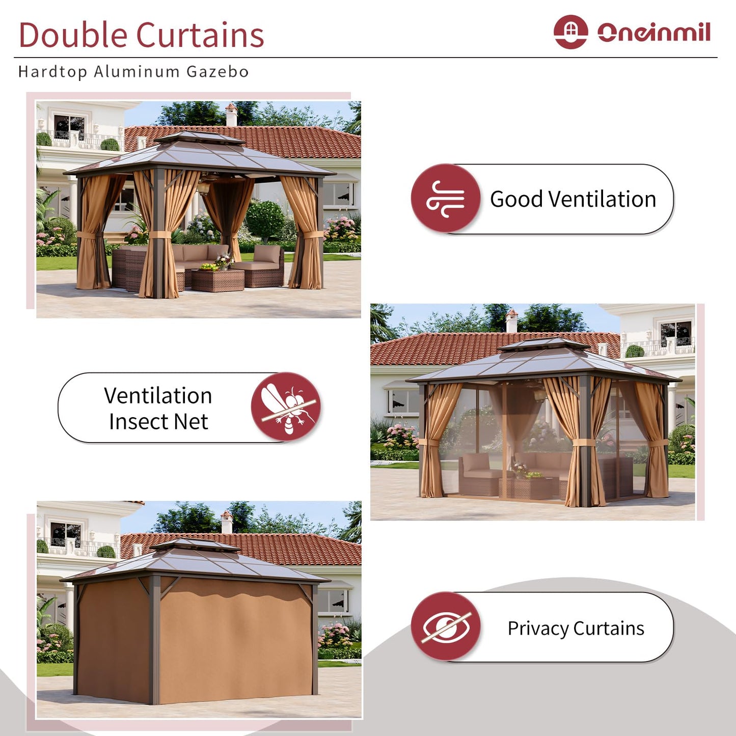 Breezestival 12'x10' Hardtop Gazebo, Outdoor Gazebo with Netting and Curtains, Heavy Duty Pavilion with Aluminum Frame, Double Roof Canopy Party Tent for Patio, Garden, Backyard, Lawn