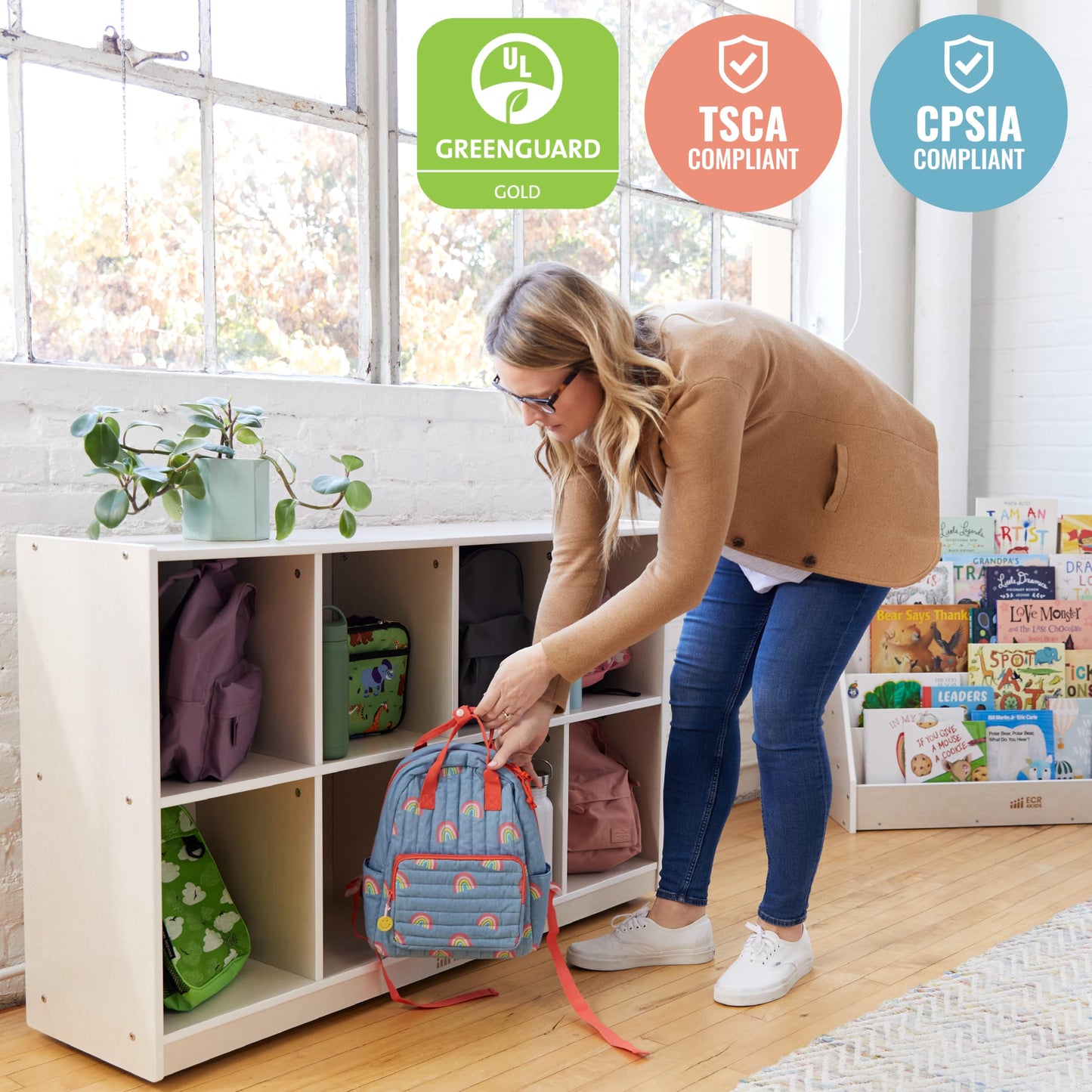 ECR4Kids 8-Compartment Mobile Backpack Storage Cabinet, Classroom Furniture, White Wash