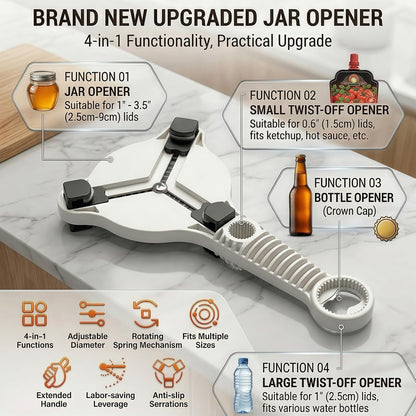 4-in-1 Adjustable Jar Opener by [Brand Name] - Ergonomic Non-Slip Handle for Seniors | Multi-Size Lid Remover (Grey)