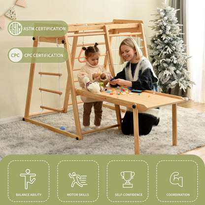 Indoor Playground 8-in-1 Jungle Gym Toddler Climbing Toys with Slides and Play Table Wooden Rock Climbing Ladder with Rope Wall Swing Rings Kids Slides Playset Natural Wood As Shown One Size