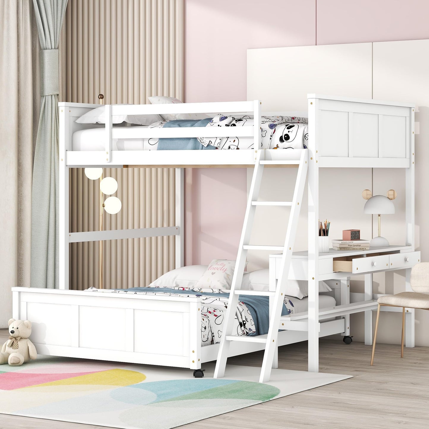 Full Over Full Bunk Beds with Desk, Wood Full Loft Bed Frame with Desk and A Stand-Alone Bed, L-Shaped Bunk Bed for Kids, Teens, Adults (Bottom Bed Can Be Moved, White)