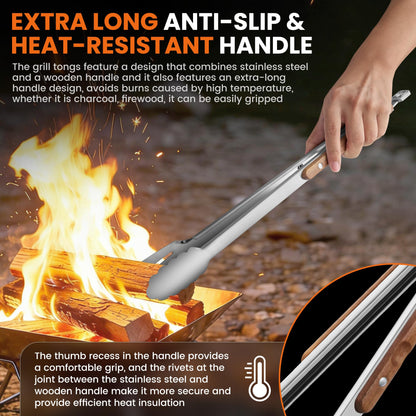 16-Inch Grill Tongs - Extra Long BBQ Tongs with Wood Handles - Heavy Duty Heat Resistant Barbecue Tong Stainless Steel Metal Tong for Cooking, Grill, Grilling, Charcoal, BBQ, Barbecue, Serving