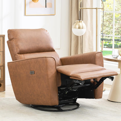 GarveeHome Power Recliner Chair, 270° Swivel Rocking Glider with USB Charging Port, PU Leather Upholstered Fabric, Ergonomic Modern Nursery Chair for Living Room, Bedroom, Nursery (Brown)