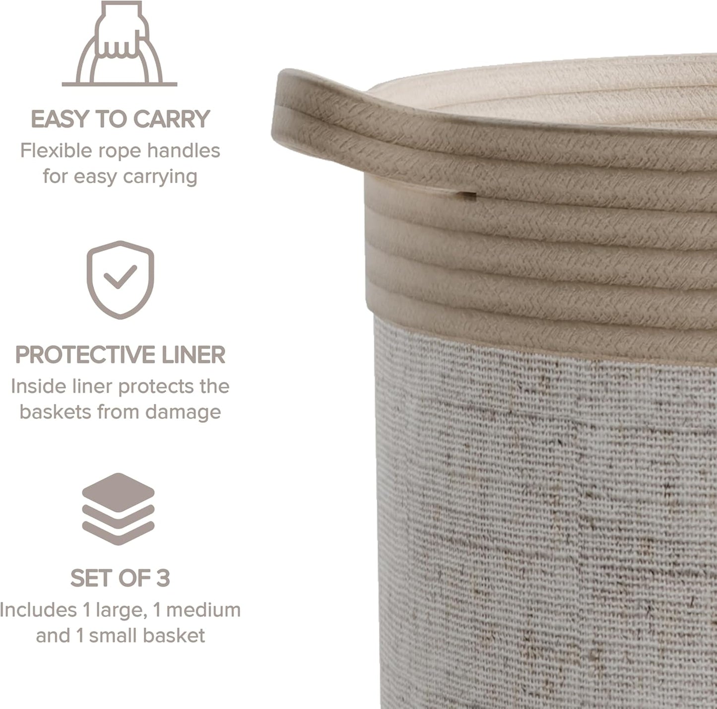 Set 3 RGI Home Decorative Storage Baskets with Safari Animal Prints of Round Fabric Rope and Linen Organizer Bins