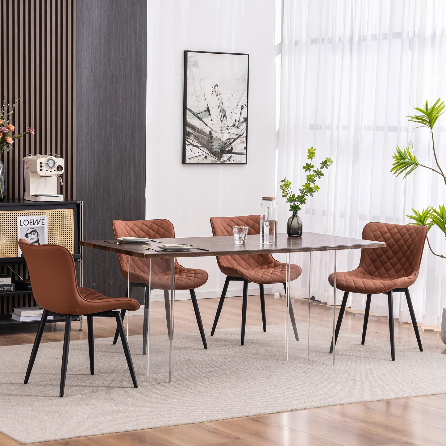 YOUTASTE Mid-Century Modern Dining Chairs Set of 2, Coffee Brown PU Leather Kitchen Accent Chair with Black Metal Legs, for Living Room, Guest Room, Waiting Area