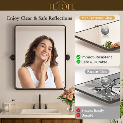 TETOTE Black Pivot Bathroom Mirror 48 x 30 Large Tilting Wall Beveled Mirror, Metal Framed Rectangle Vanity Mirror, Modern Farmhouse Adjustable Tilted Mirror, Horizontal/Vertical, Tempered Glass