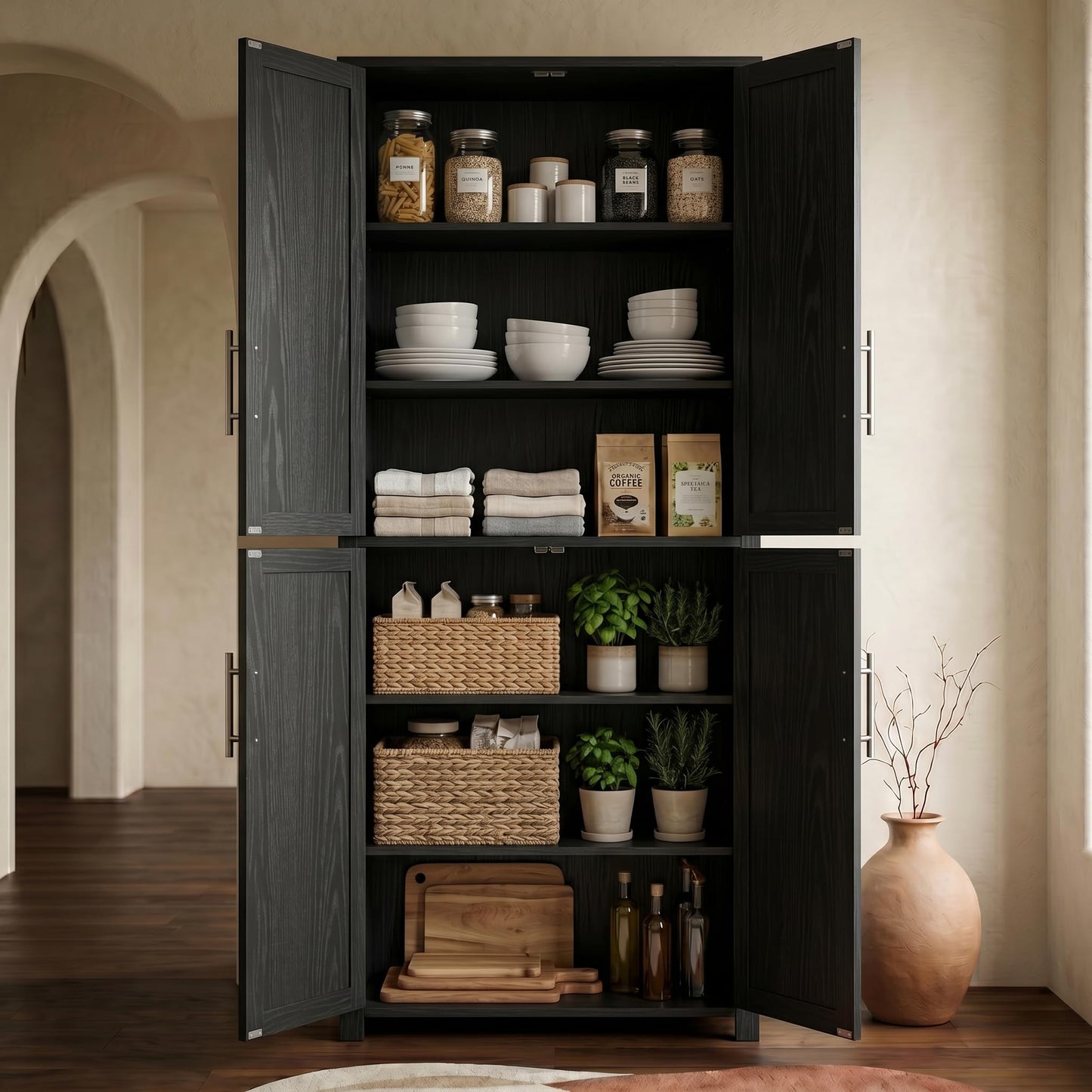 Casaphoria Kitchen Pantry Cabinet, 67" Tall Freestanding Storage Cabinet with 4 Adjustable Shelves, 28" W x 15" D for Kitchen Pantry Organization (Black, Single)