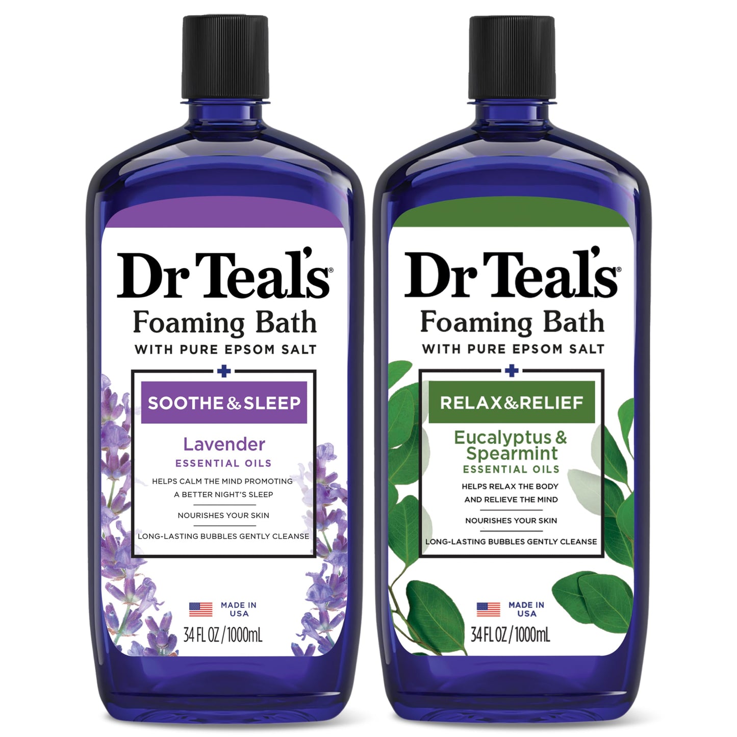 Dr Teal's Foaming Bath with Pure Epsom Salt, Relax & Relief with Eucalyptus & Spearmint, 34 fl oz (Pack of 2)