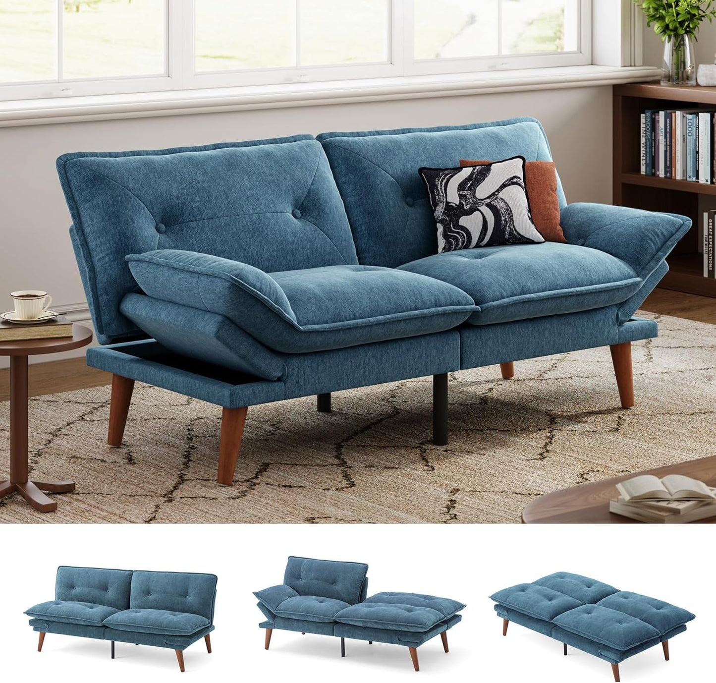 LINSY HOME Futon Sofa Bed, 70" Chenille Futon Couch with Adjustable Backrest Armrest, 3 in 1 Convertible Comfy Loveseat Sleeper Sofa Bed for Small Spaces Dorm Room Apartment Home Office（Blue）