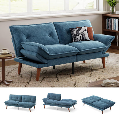 LINSY HOME Futon Sofa Bed, 70" Chenille Futon Couch with Adjustable Backrest Armrest, 3 in 1 Convertible Comfy Loveseat Sleeper Sofa Bed for Small Spaces Dorm Room Apartment Home Office（Blue）