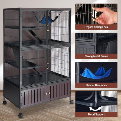 60" Large Ferret Cage, Multi-Level Small Animal Mansion with 4 Wheels, 3 Metal Ramps & Hammock for Chinchillas, Rabbits, Guinea Pigs, Includes PP Trays & Storage Cabinet