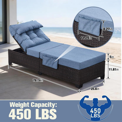 Ligescel Outdoor Chaise Lounge Chair, Patio Rattan Adjustable Recliner with 5-Inch Thick Cushion, Heavy Duty Metal Lounger for Pool Beach Yard (Blue)