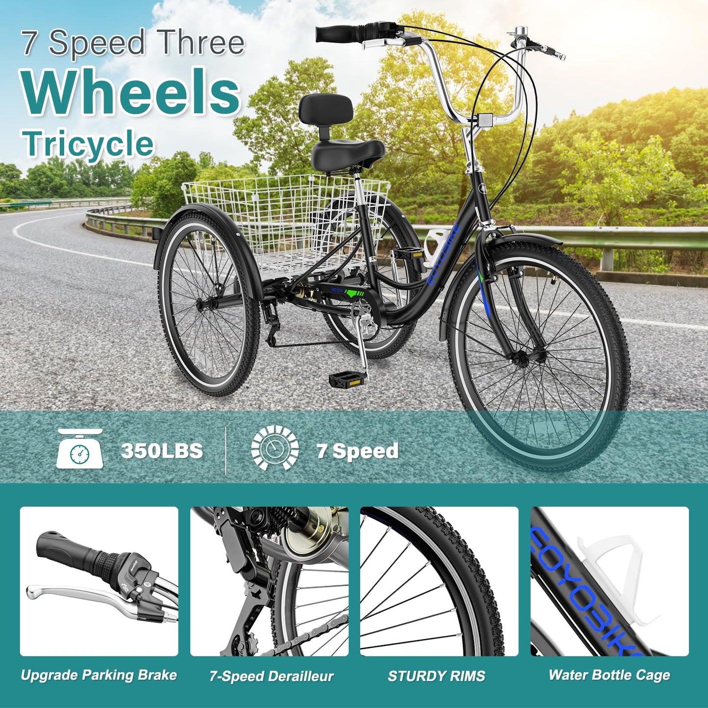 MOPHOTO Adult Tricycle 7 Speed, 20/24/26 Inch Low Step-Through Adult Trike with Large Rear Basket, 350 lbs Capacity 3 Wheel Bike for Seniors, Women and Men