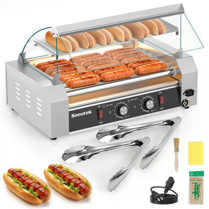 Seeutek Hot Dog Roller 7 Rollers 24 Hot Dogs Capacity 1100W Stainless Hot Dog Toaster With LED Light, Hot Dog Machine W/Dual Temp Control Glass Hood Acrylic Cover Warmer Shelf Removable Oil Drip Tray