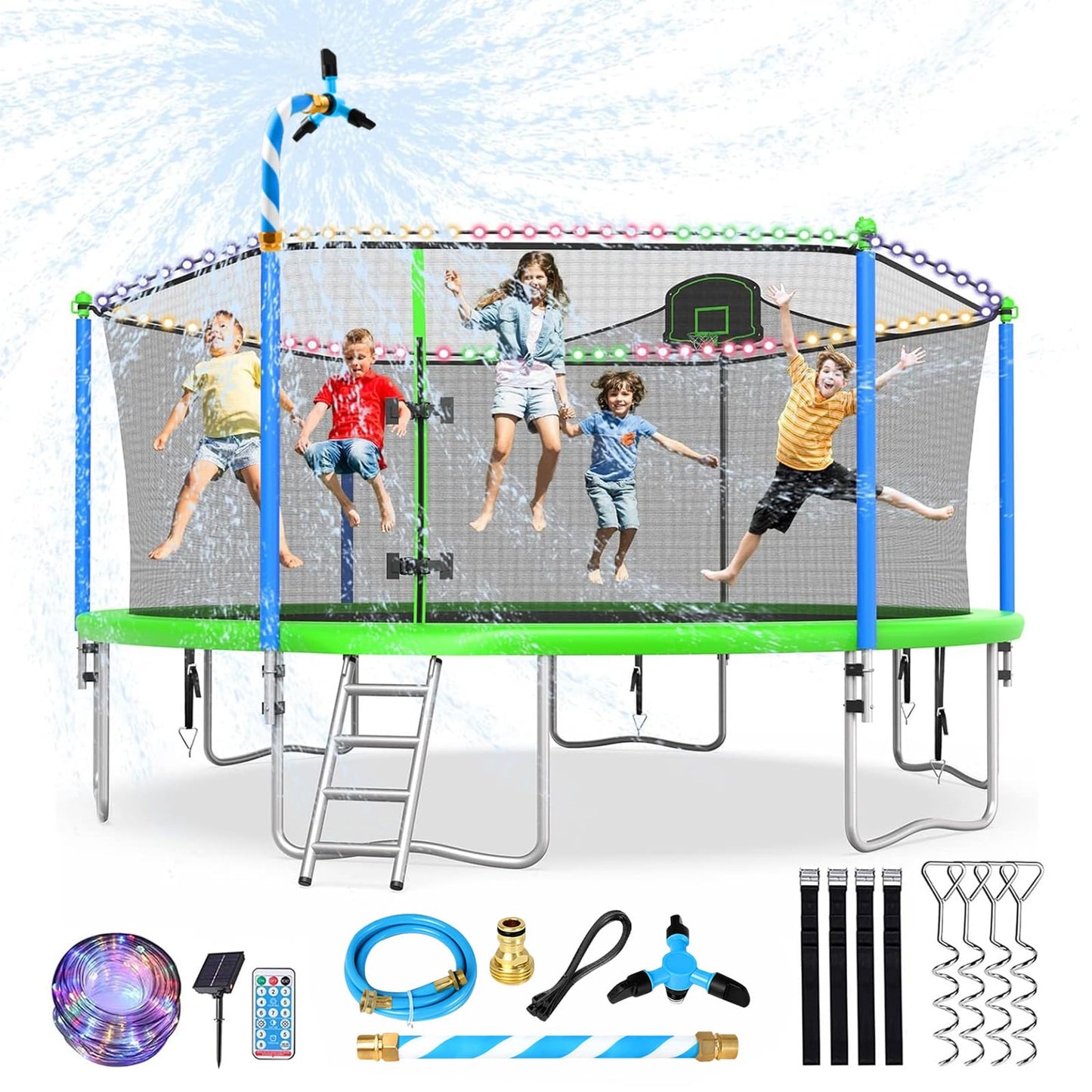 Lyromix Upgraded 16FT Trampoline with Lights, Large Outdoor Trampoline with Sprinkler,Basketball Hoop and Net, Capacity for 5-8 Kids and Adults, Teal Blue