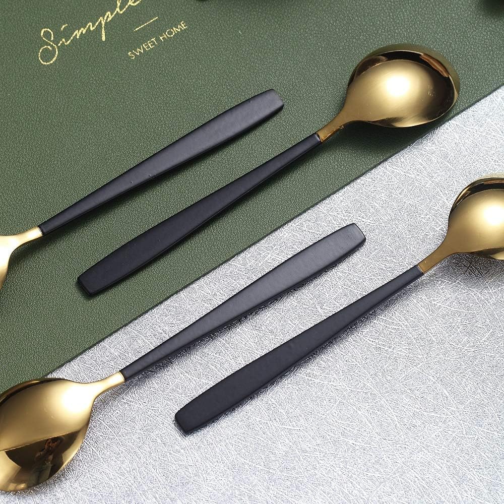 Homquen 6 Pieces Black and Gold Plating Coffee Spoons, 6.3" Modern Design Stainless Steel Tea Spoons Set