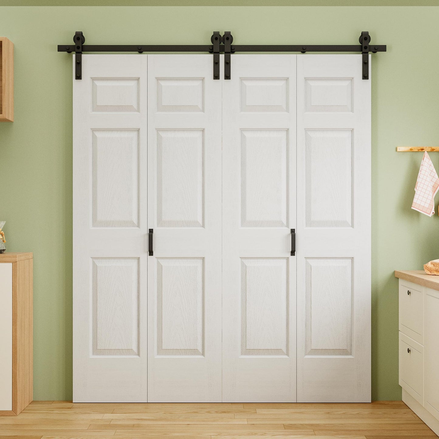 48" x 84" Pre-Assembled 6 Raised Panels Bifold Barn Door, Paintable White Primed Pre-Finished Bi Fold Barn Door and Hardware Kit Included, 56" Track Kit for 4 Closet Doors for Pantry Laundry Bathroom