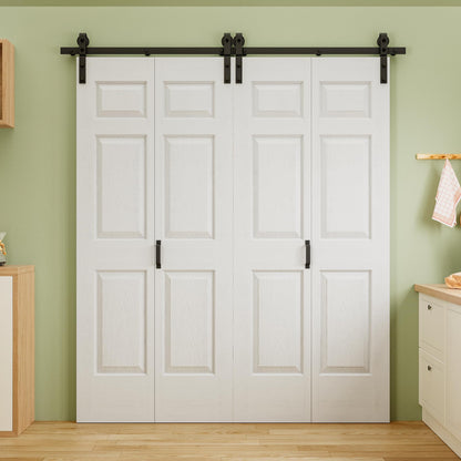 48" x 84" Pre-Assembled 6 Raised Panels Bifold Barn Door, Paintable White Primed Pre-Finished Bi Fold Barn Door and Hardware Kit Included, 56" Track Kit for 4 Closet Doors for Pantry Laundry Bathroom
