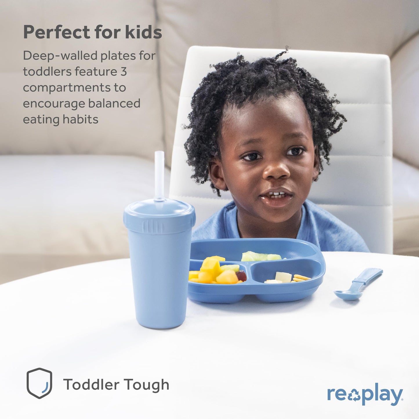 Re-Play Toddler Plates with Dividers - Deep-Walled 3 Compartments Divided Plates for Kids - Dishwasher & Microwave Safe - Made in USA - Set of 3-7.37" x 7.37" x 1.25" - Beach Baby