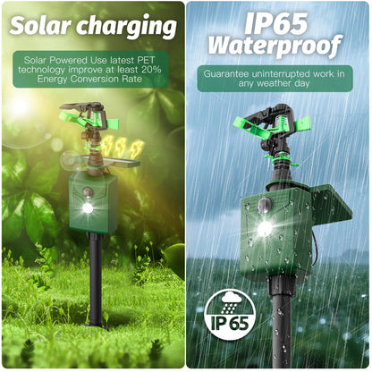 2 Pack Motion Activated Animal Repeller with Water Sprinkler and Flashing Light, Solar Powerd Deer Cat Repellent Outdoor Deterrent - Keep Rabbits Shunks Dog Raccoons Birds Away from Lawn and Garden