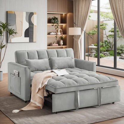 Trygoal 3-in-1 Sofa Bed, 53" Pull-Out Sleeper Sofa Bed with 3-Level Adjustable Backrest, Velvet Fabric Loveseat Sleeper Couch for Living Room & Bedroom & Apartment & Dorm Furniture, Light Gray