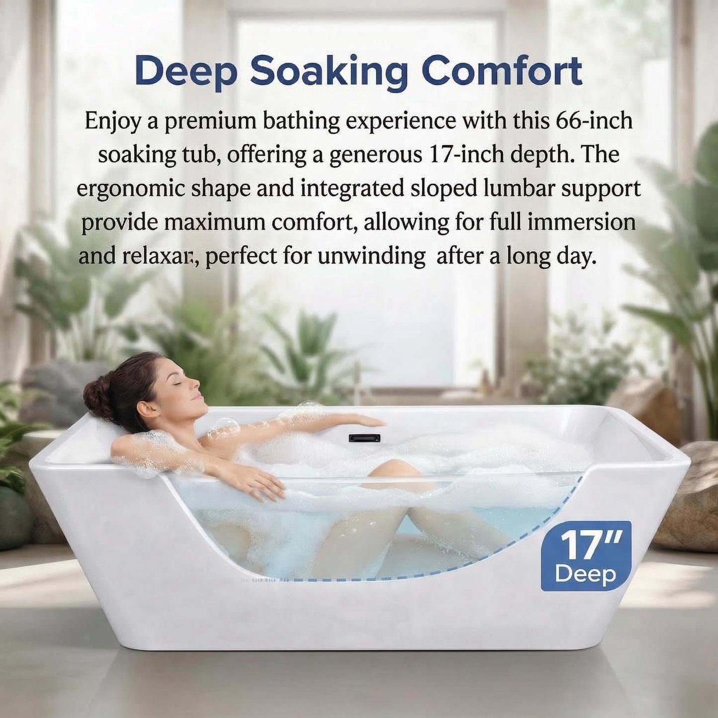 66" Acrylic Freestanding Soaking Bathtub, Matte Drain & Black Overflow, Modern Design Tub for Home Bathroom Renovations, Glossy White