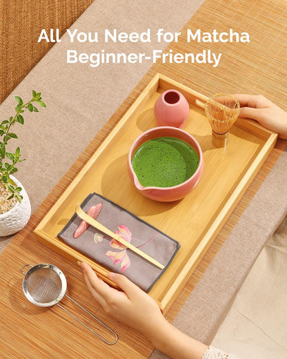 Maestri House Matcha Whisk Set - 7-Pc Complete Kit with Ceramic Bowl, Bamboo Whisk & Accessories | Perfect Gift for Matcha Lovers (Pink)