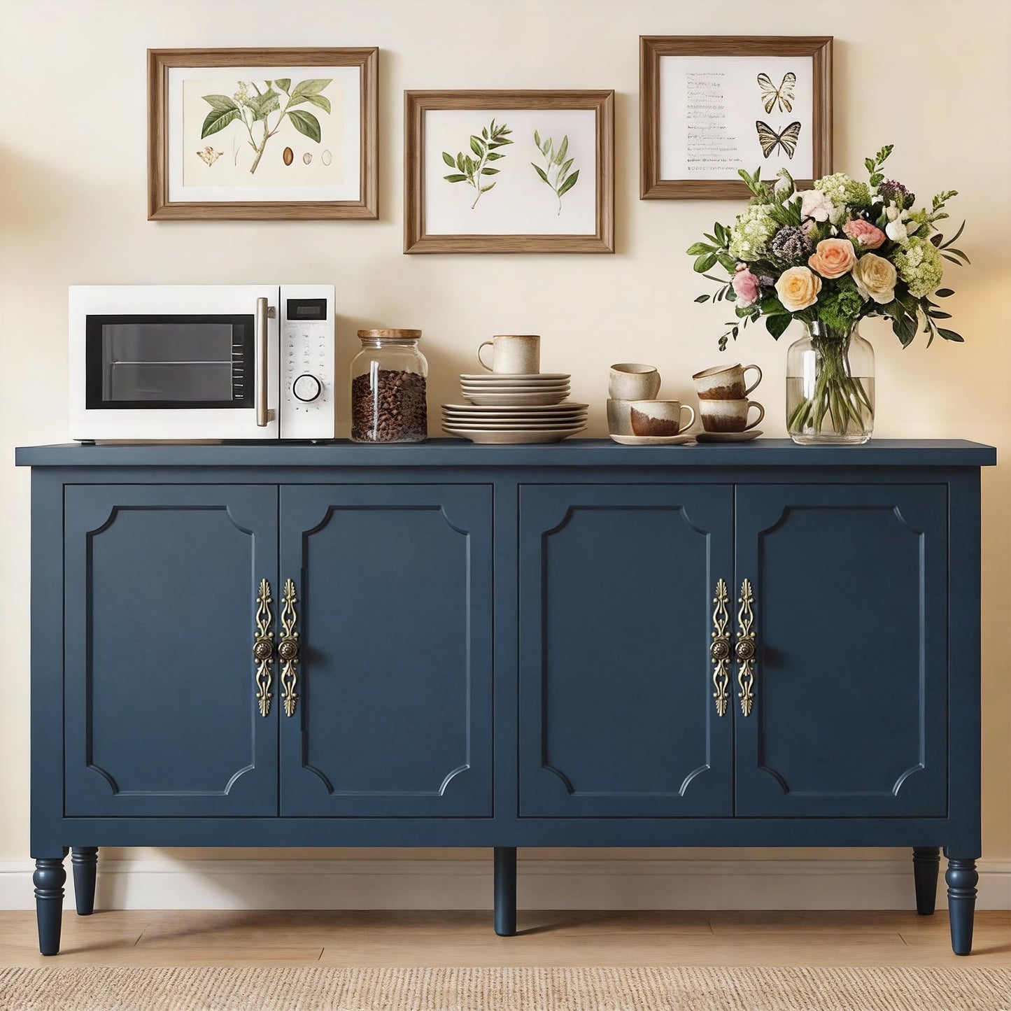 RoyalCraft Buffet Cabinet with Storage, Vintage Sideboard with Adjustable Shelves, Mid Century Modern Painted Credenza Coffee Bar for Kitchen, Dining Room, Entryway, Blue