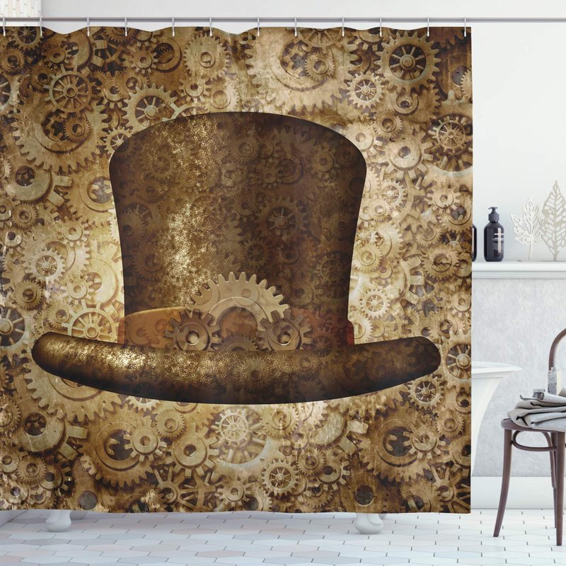 Ambesonne Victorian Shower Curtain, Steampunk Hat Fantasy Science Fiction Concept Futuristic Gears Cogs Print, Cloth Fabric Bathroom Decor Set with Hooks, 69" W x 84" L, Sand Brown