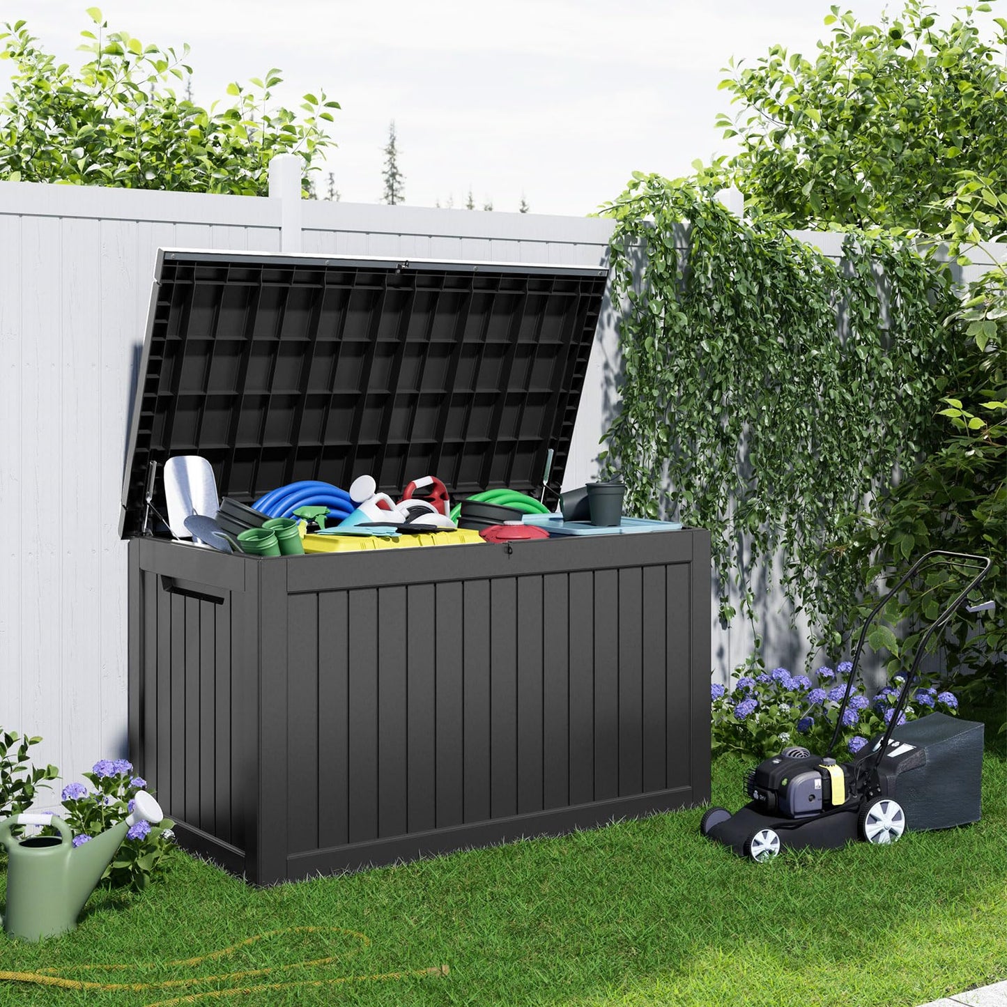 PatioZen 280 Gallon Large Deck Box,Resin Outdoor Storage Box with Lockable for Patio Furniture, Garden Tools Waterproof Outside Storage Box, Black