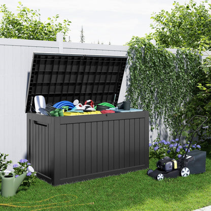 PatioZen 280 Gallon Large Deck Box,Resin Outdoor Storage Box with Lockable for Patio Furniture, Garden Tools Waterproof Outside Storage Box, Black