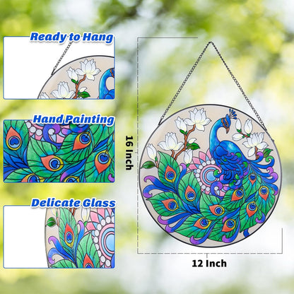 MUMTOP Stained Glass Window Hanging Suncatcher, Peacock Design Hand-Painted Glass Panel Home Decor, 12 Inch