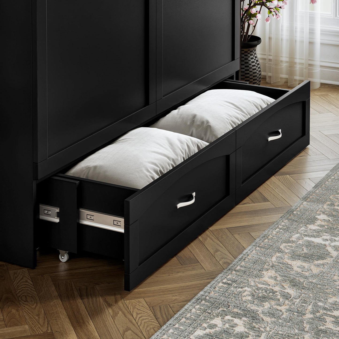AFI, Marion Queen Wood Murphy Bed Chest with 6" Mattress, Storage Drawer, & Built-in Charger, Black