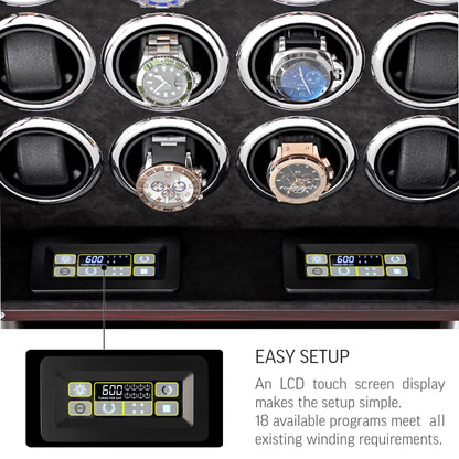 16 Watch Winder for Automatic Watches with LED Light and Coordinated Rotor Stop (Ebony)