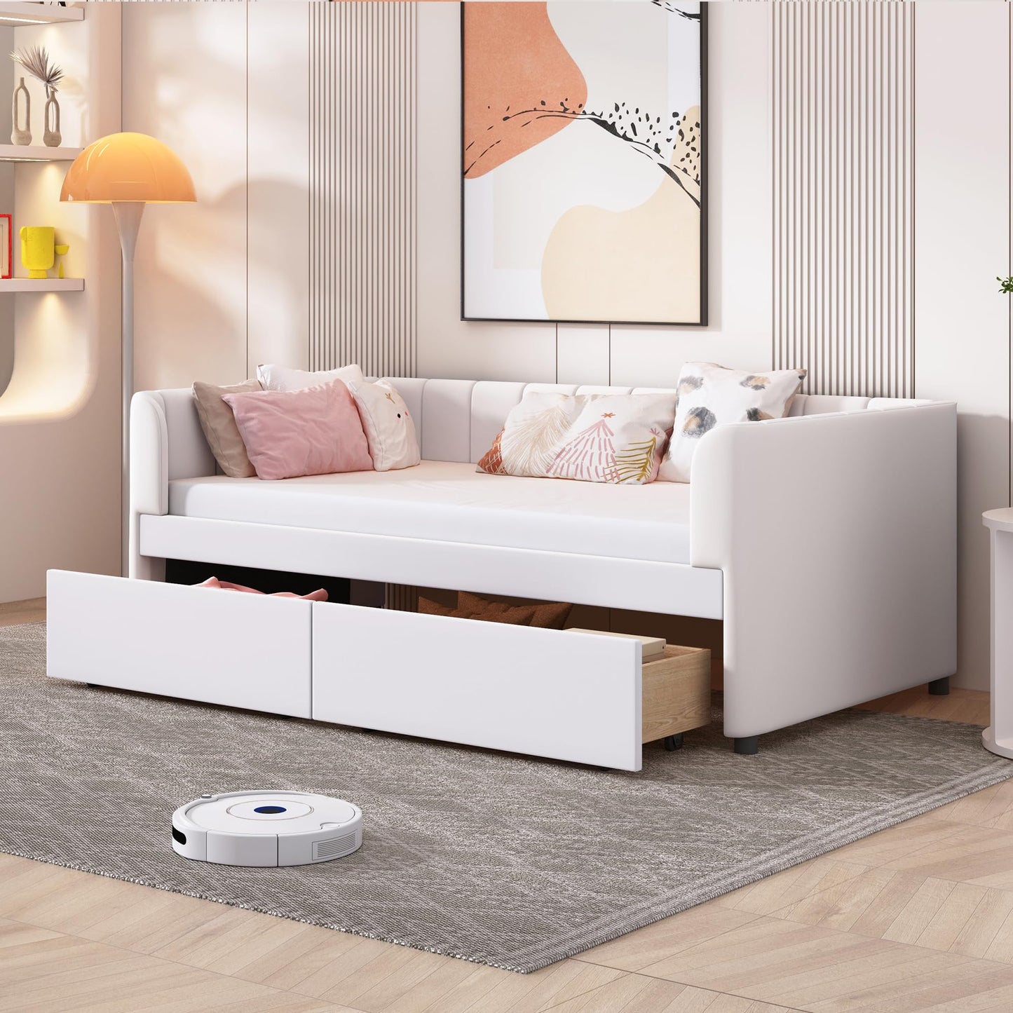 KTATK Twin Size Velvet Daybed with Two Drawers and Stripe Shaped Headboard Design,Upholstered Wooden Storage Bed Frame,w/Ergonomic Backrest,for Bedroom,Living Room,Beige