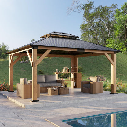LUXOAK 13x15 Wood Gazebo, Hardtop Outdoor Gazebo with Aluminum Double Roof, Outdoor Wooden Pavilion for Parties, Backyard, Patio, Lawns, Black + Natural Wood