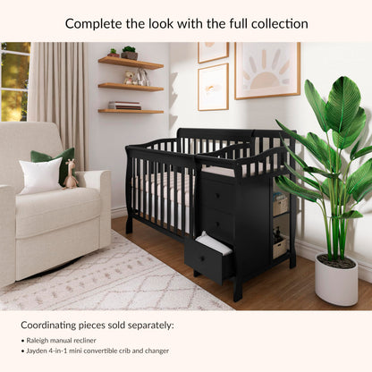 Dream On Me Jayden 4‑in‑1 Mini Convertible Baby Crib & Changer with Storage in Black, Pinewood, GreenGuard Gold & BSA, 1” Mattress Pad, 3 Mattress Heights, Converts to Mini Day & Twin-Size Bed