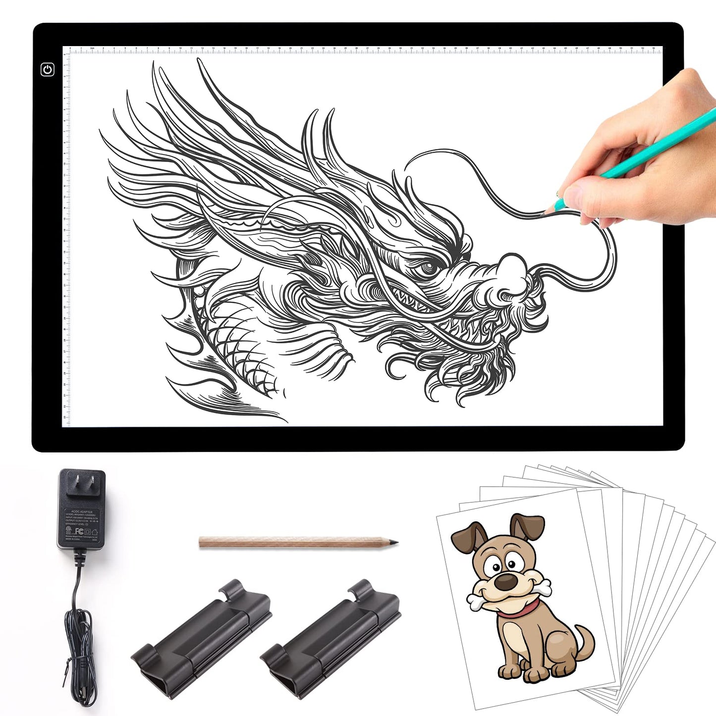 TOHETO A2 Artist Tracing Light Pad with 2 Clips, 12V2A Adapter Power Stepless Dimmable Brightness Large Artcraft Light Box Copy Board for Diamond Painting Weeding Vinyl Tattoo Drawing (23.7''x15.8'')