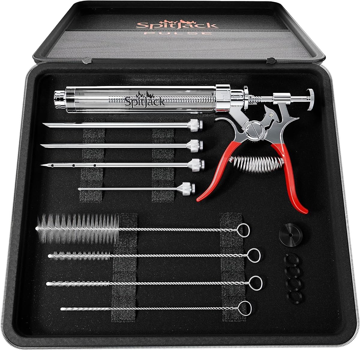 SpitJack PULSE Meat Injector Gun, BBQ Meat Marinade Injector Kit for Brisket, Pork Shoulder, Turkey and Chicken, 50ml with 4 Stainless Steel Needles, Case and Guide