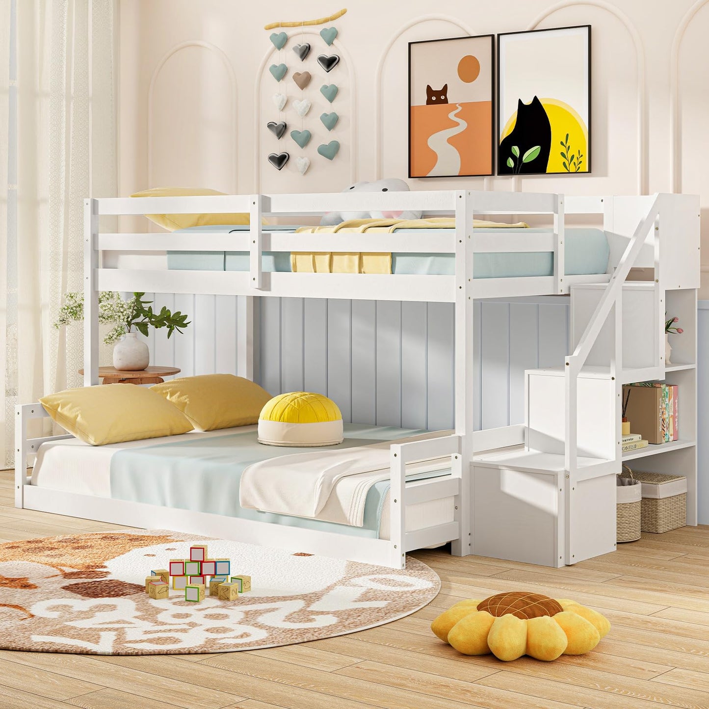 Giantex Twin Over Full Bunk Bed with Stairs, Solid Wood Floor Bunk Bed with Storage Staircase & Full-Length Guardrails, Low Bunk Bed with for Kids, Teens, Adults, Dorm, Small Space, White