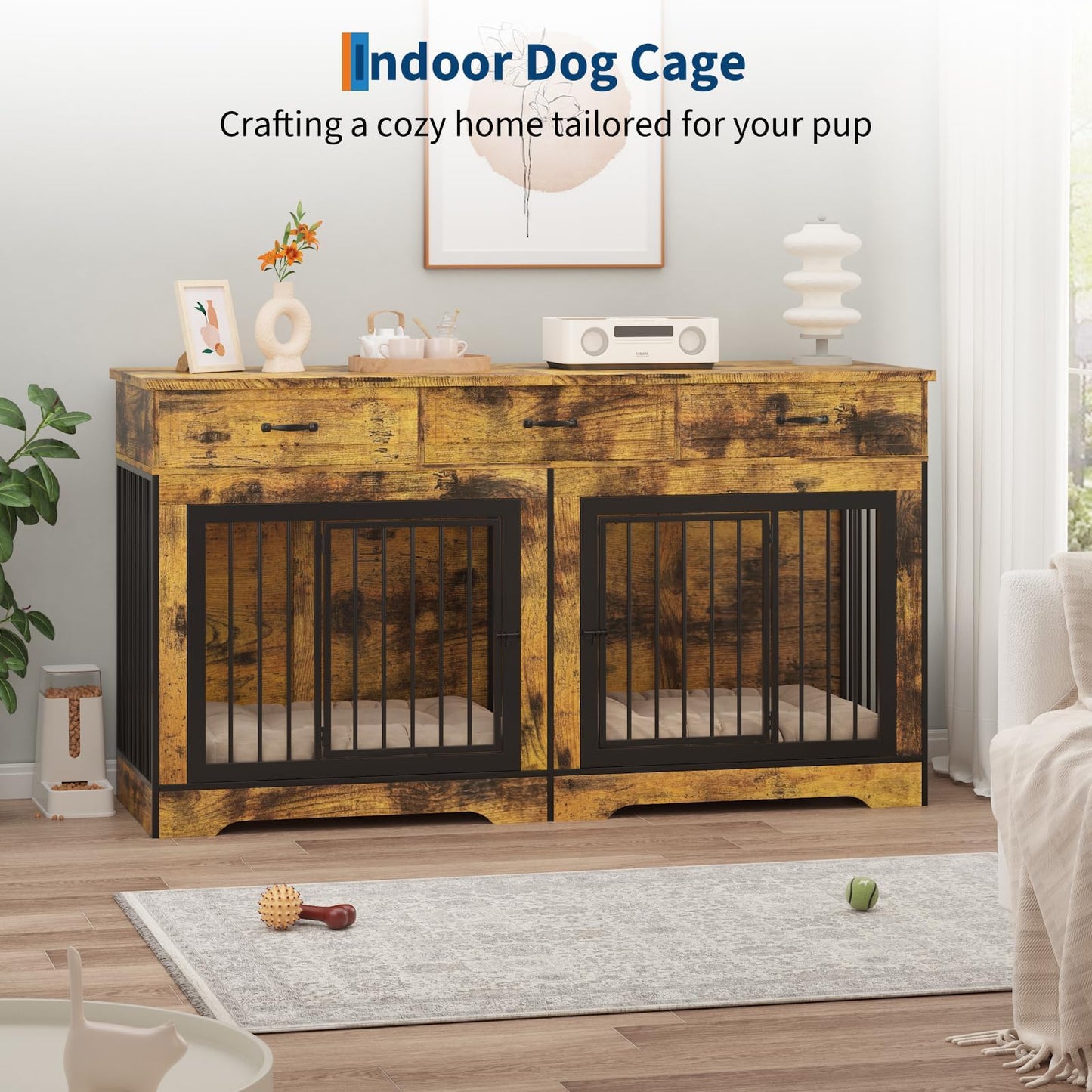 Extra Large Double Dog Crate Furniture – 70.9" Heavy Duty Wooden Kennel for 2 Medium or Large Dogs, Decorative End Table with 3 Drawers, TV Stand, Indoor Dog Cage with Double Doors